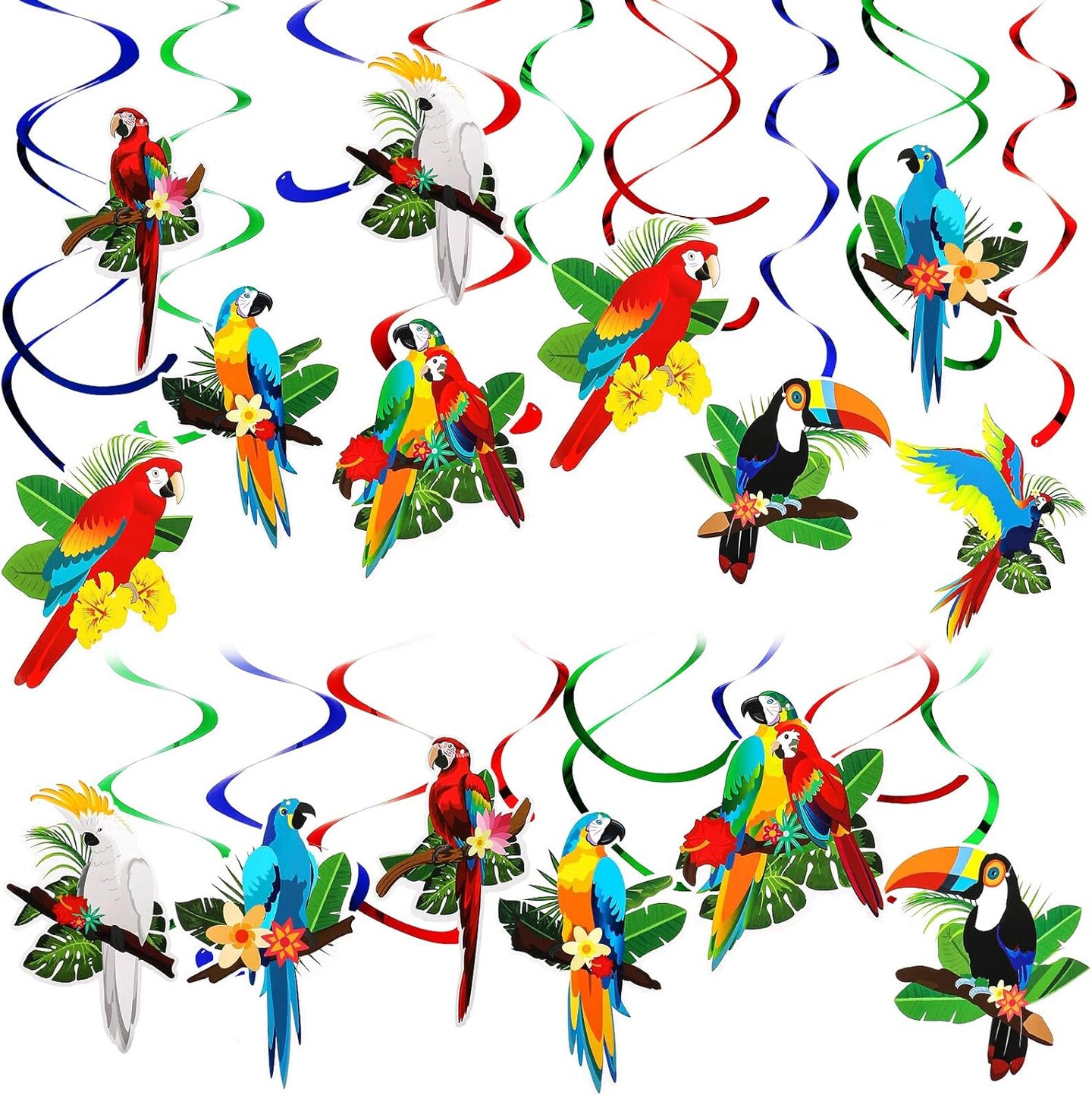 30-Piece Tropical Birds Hanging Swirl Decorations | Toucan & Parrot Foil Ceiling Danglers for Hawaiian Luau, Summer Beach, Pool Party & Birthday Supplies