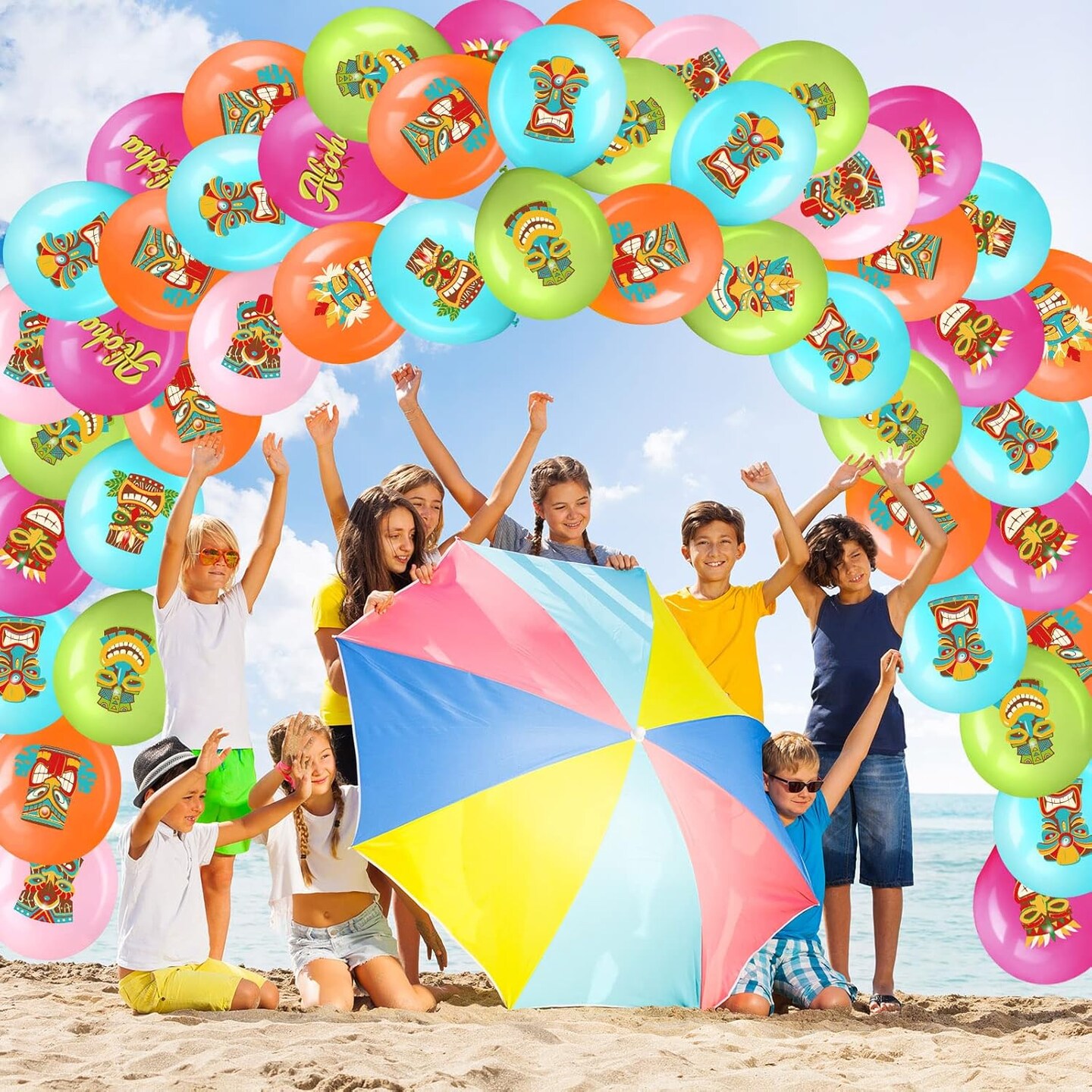45 Pcs Hawaiian Party Decorations Tropical Tiki Balloons (Aqua Blue, Rose Red, Orange, Light Pink, Light Green)