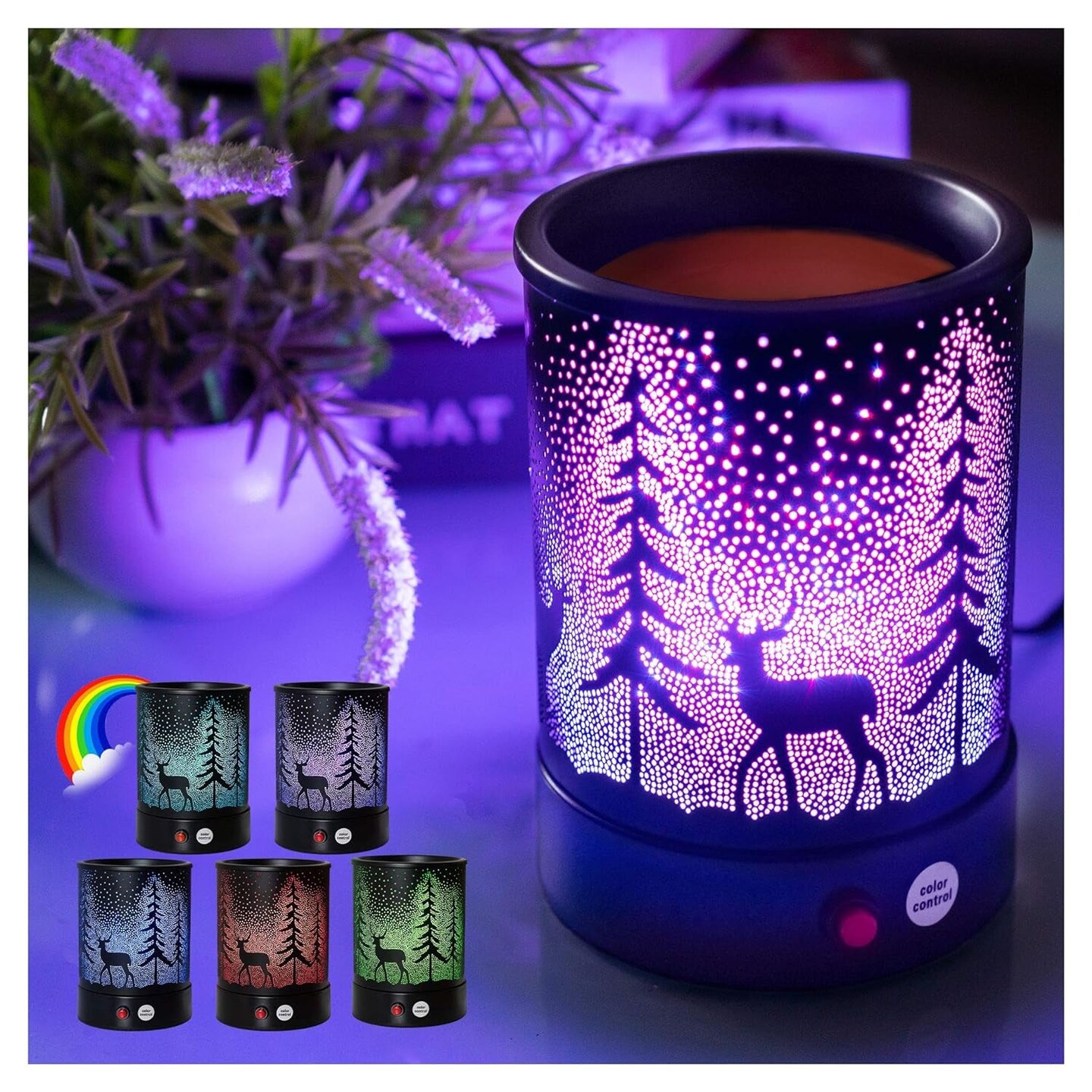 Fragrance Oil Lamp Warmer with 7 Color Lights - Pine Forest Deer Design for Home Decor, Office, and Gifts