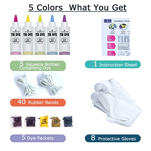 Tie Dye Kit 5 Colors Permanent Fabric Dye Art Set for Kids Adults for School, Homemade Party, Creative Groups Activities, DIY Gift