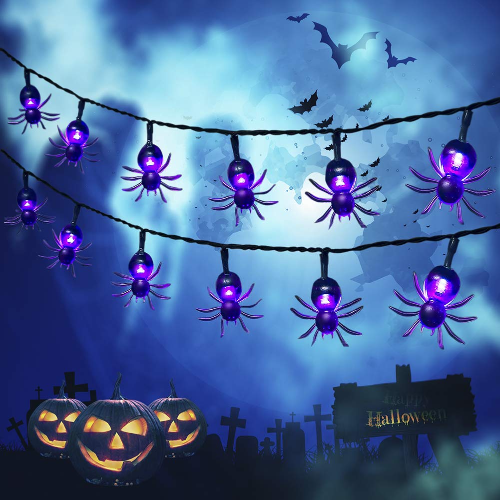 2Pack 30 LED 20ft Purple Spider Lights with 8 Modes Waterproof Fairy Lighting for Halloween Party Decor, House, Garden, Yard Decoration