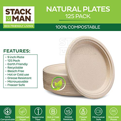 125 Pieces 100% Compostable Paper Plates, Heavy Duty Disposable Plates 9 Inch Plates - Eco-Friendly, Biodegradable Sugarcane Bagasse, Natural Unbleached Brown 9" Dinner Paper Plate Disposable