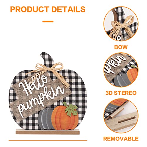 Fall Hello Pumpkin Sign Decorations, 12&#x22;/30CM Wooden Autumn Buffalo Plaid Tabletop Decor, for Home Farmhouse Living Room Harvest Day Thanksgiving Decor.