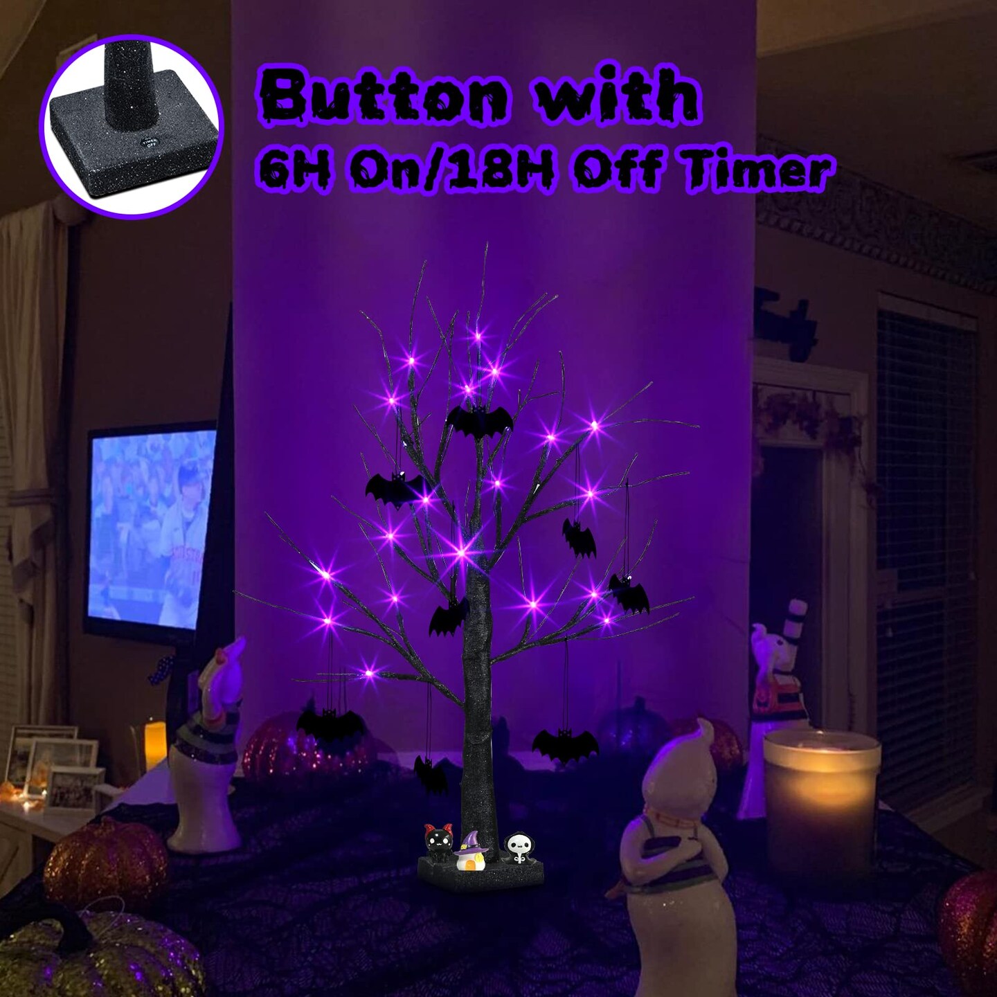 2FT Black Halloween Tree with 24 Purple Lights and 8 Bat Ornaments, Light up Halloween Decorations with Timer for Indoor Home Desk Table Decor Battery Powered