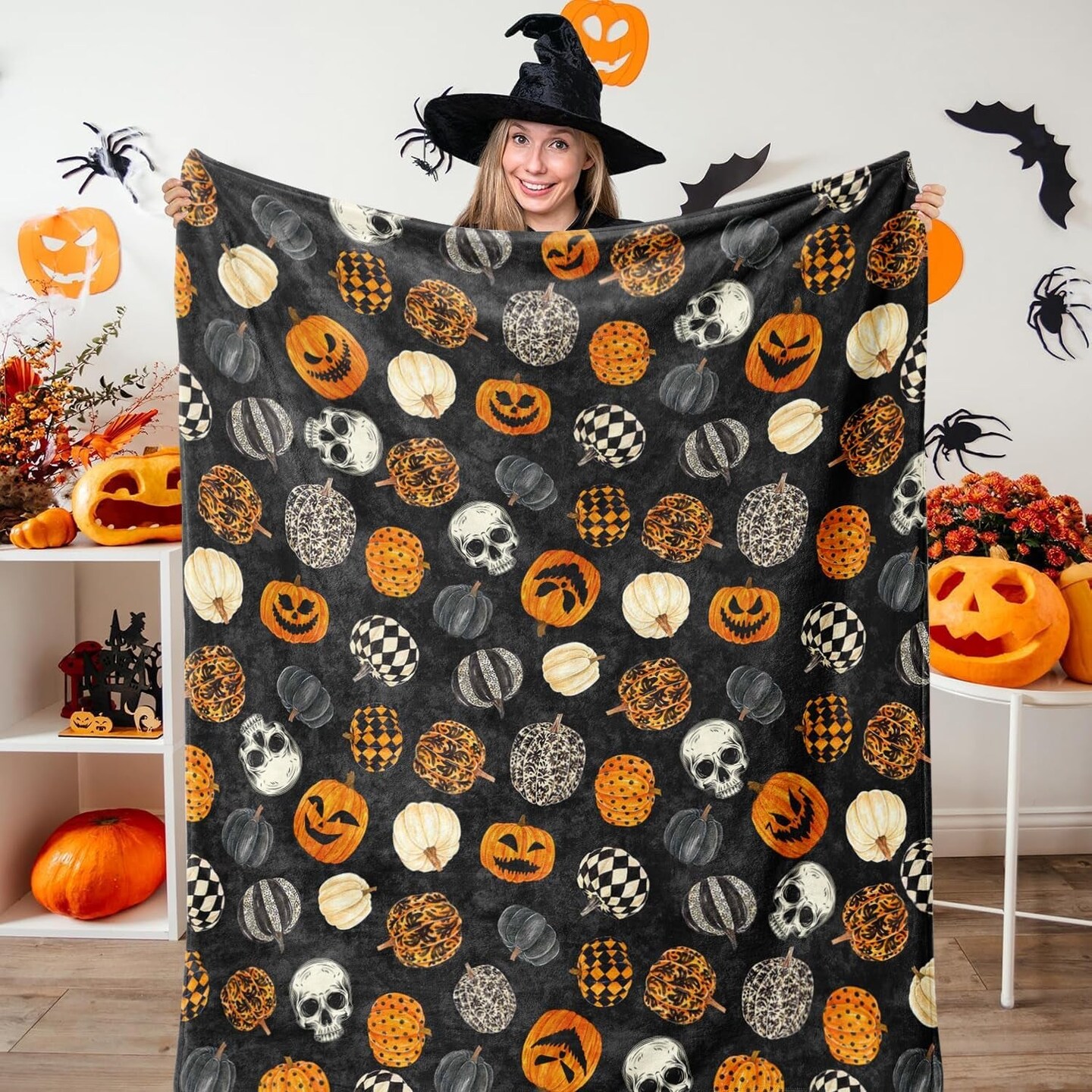 Halloween Pumpkin Blanket, Halloween Blankets and Throws, Halloween Fleece Throw Blanket, Halloween Throws Gifts for Kids Women Men, Black, 50" X 60"