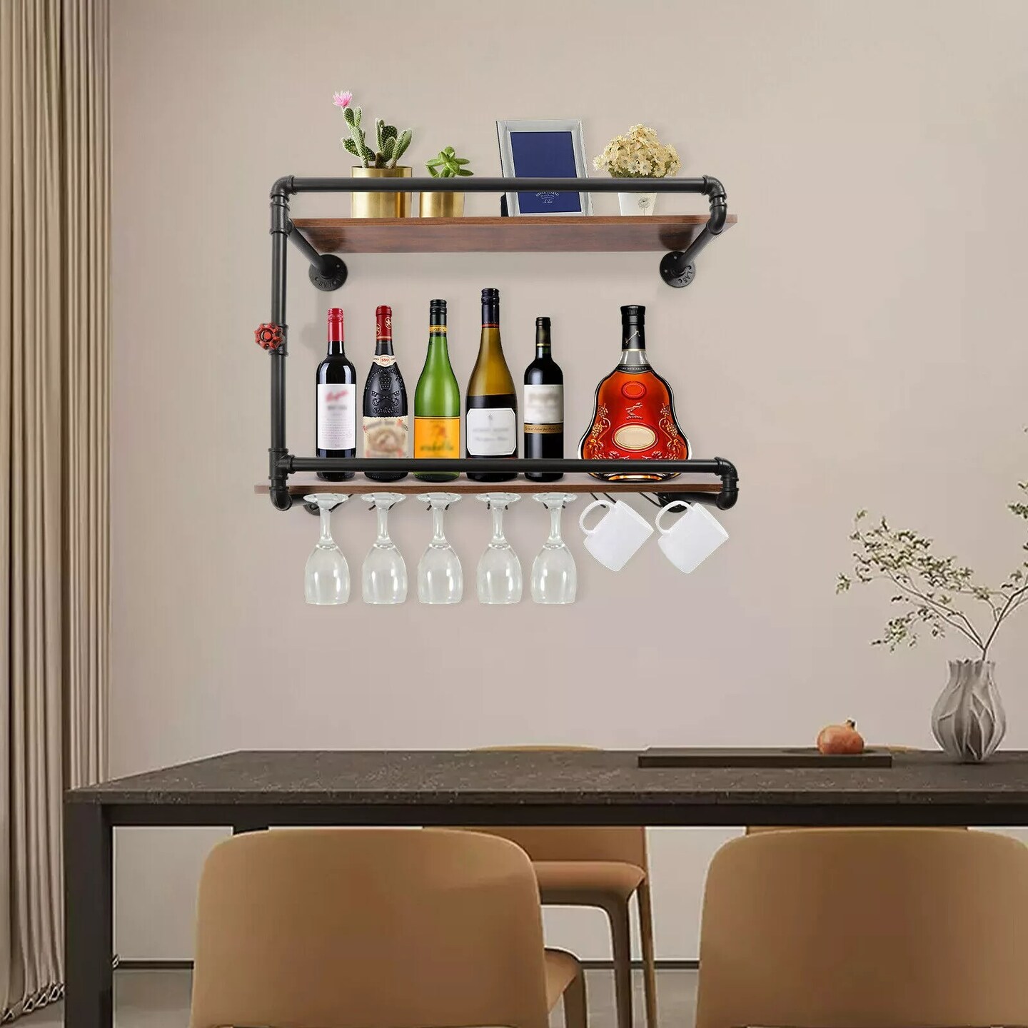 Vintage 2-Tiers Wine Rack Wall Mounted Floating Bar Home Glass Hanging Shelves