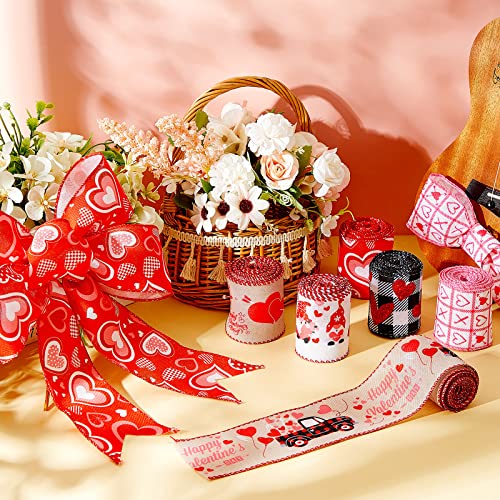 30 Yards Love Heart Ribbons Heart Pattern Wired Edge Ribbon Happy Valentine&#x27;s Day Ribbons for Gift Wrap DIY Crafts Wedding Birthday Valentine&#x27;s Day Party Decoration, 6 Rolls 2.5 Inch