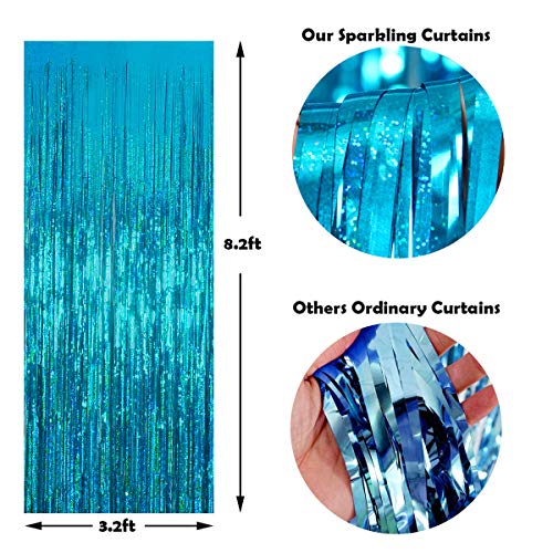 2 Pack 3.2 ft x 8.2 ft Teal Tinsel Foil Fringe Curtains Backdrop, Sparkle Metallic Foil Curtains for Birthday Party Decoration