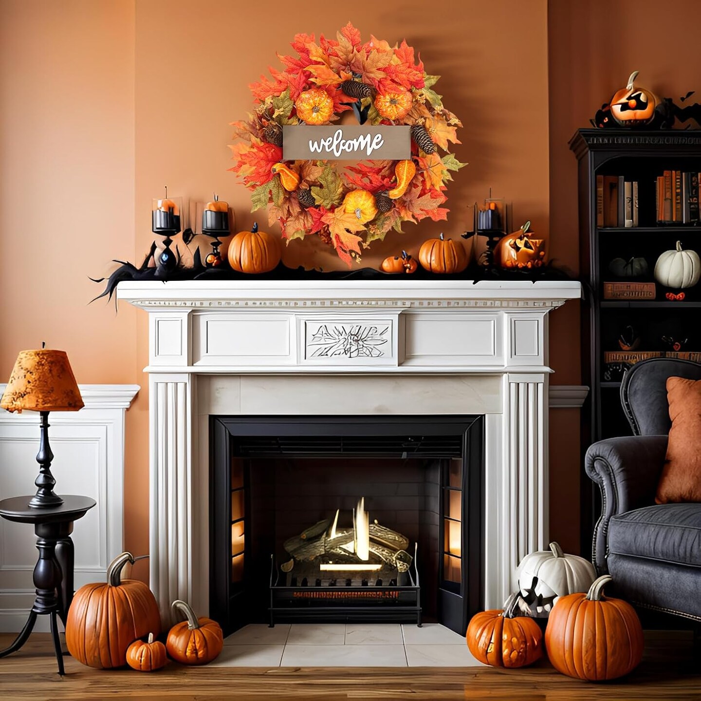 Fall Decor Autumn Maple Leaves Pumpkin Pine Cone Berries Wreath, Fall Decorations for Harvest Thanksgiving Halloween Farmhouse Home Outside Window Wall
