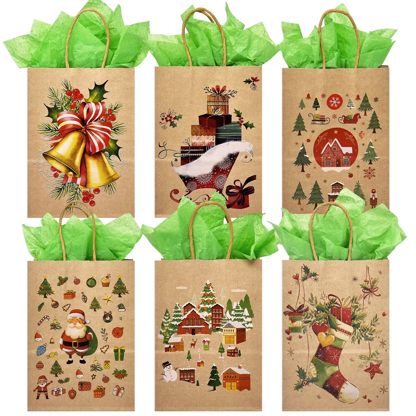 Wrapables Christmas Holiday Kraft Gift Bags with Handles and Tissue Paper for Gift Wrap, Parties, Favors and Treats (Set of 12), Christmas Time