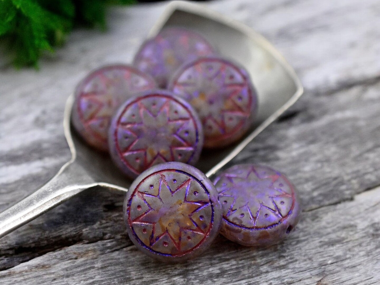 *6* 13mm Red Washed Matte Purple Over White Opal Ishtar Coin Beads