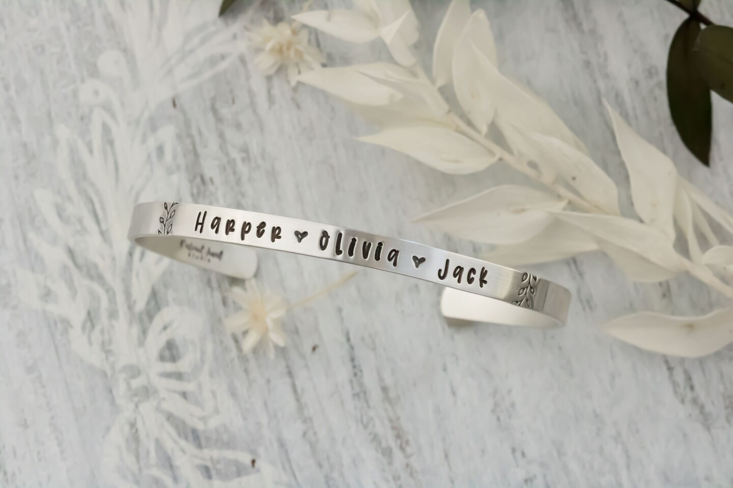 Sterling Silver Cuff Bracelet, Hand Stamped Kids Names