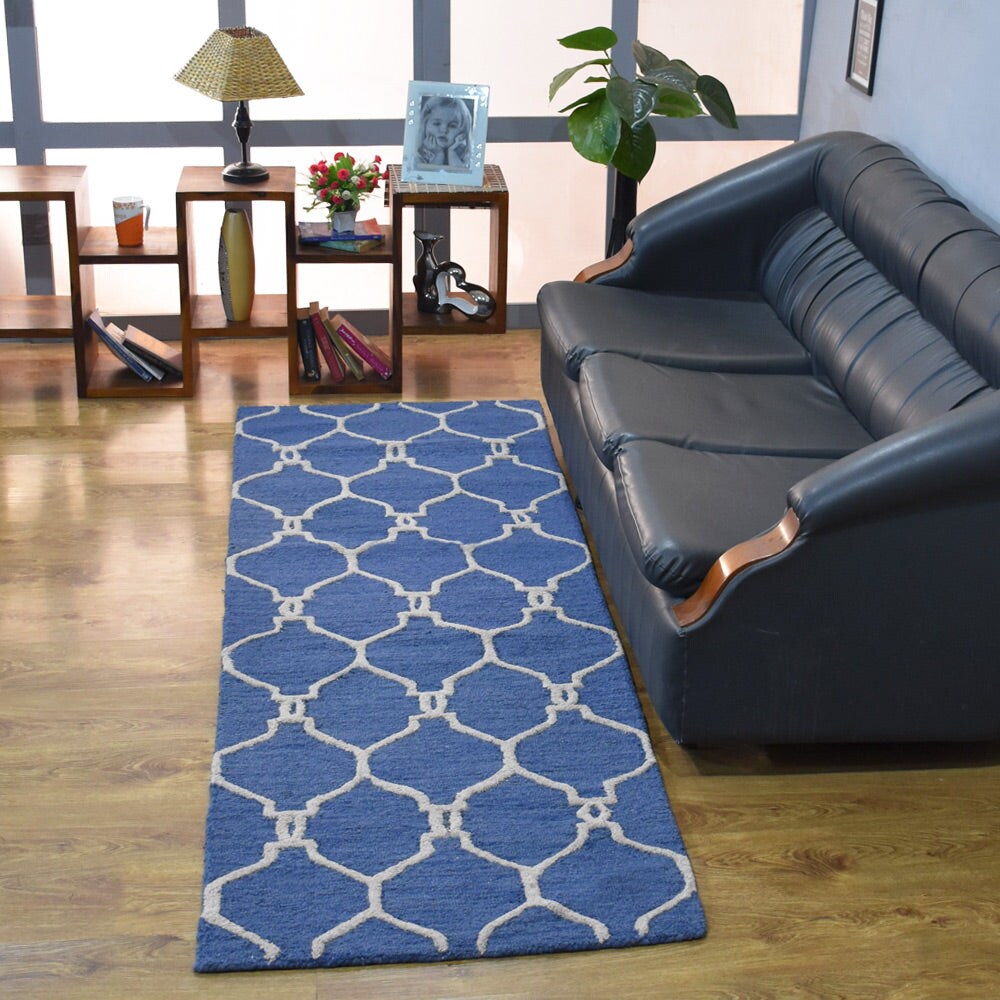 Hand Tufted Wool Area Rug Blue Beige Geometric Design K01004 Soft High Pile