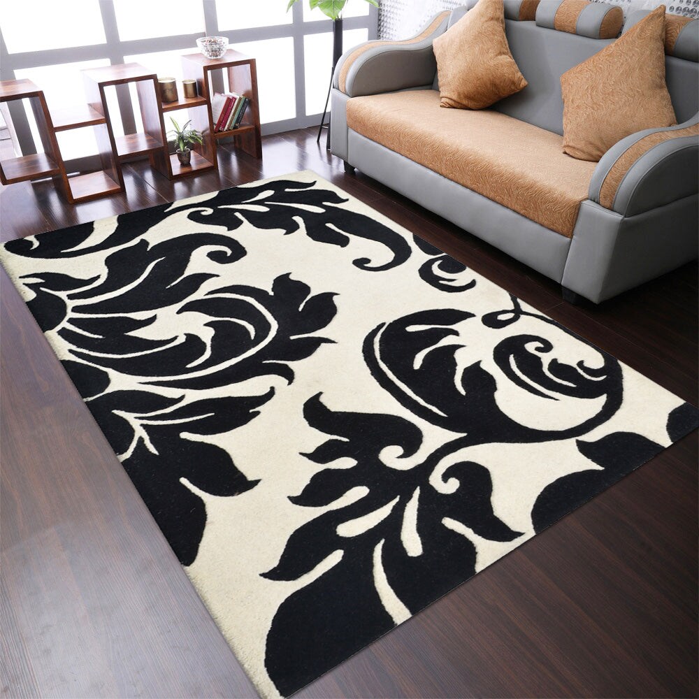 Hand Tufted Wool Area Rug Cream Black K00203 Soft High-Pile Anti-Slip 5X8