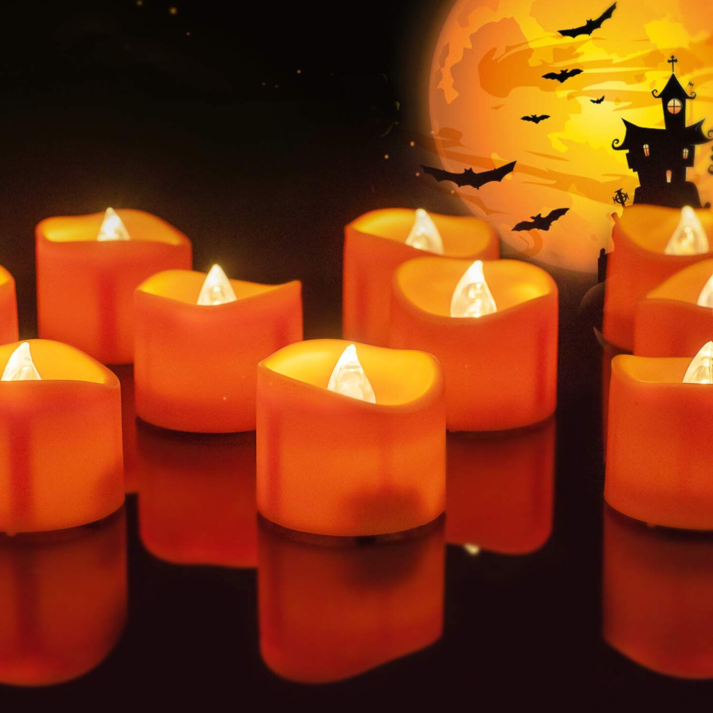 12 Pieces HalloweenOrange Tea Light Candles, Battery Operated LED Tealights, Small Pumpkins Lights, Flameless, Electric Fake Tea Candles, 1.4&#x22;x1.25&#x22;