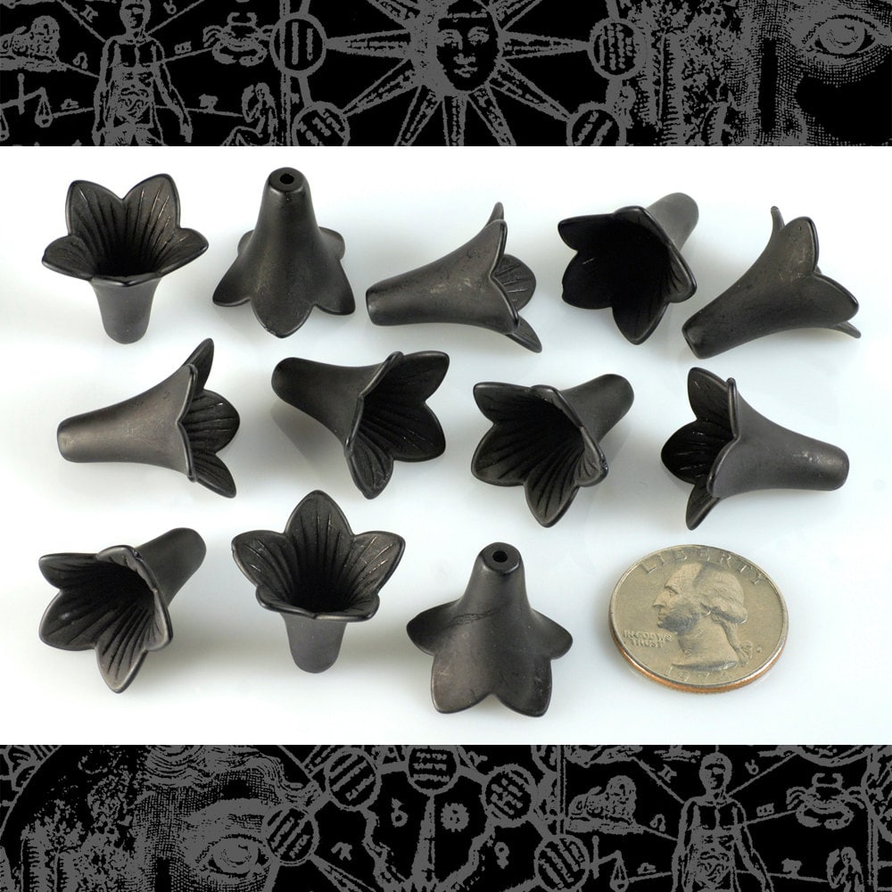 23mm x 21mm Black Resin Flower Caps - Set of Twelve - FW1-1
