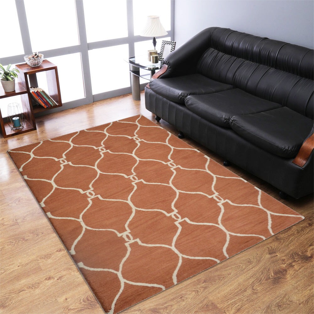 Hand Tufted Wool Area Rug 5X7 Geometric Red Beige K01004 Eco-Friendly Durable