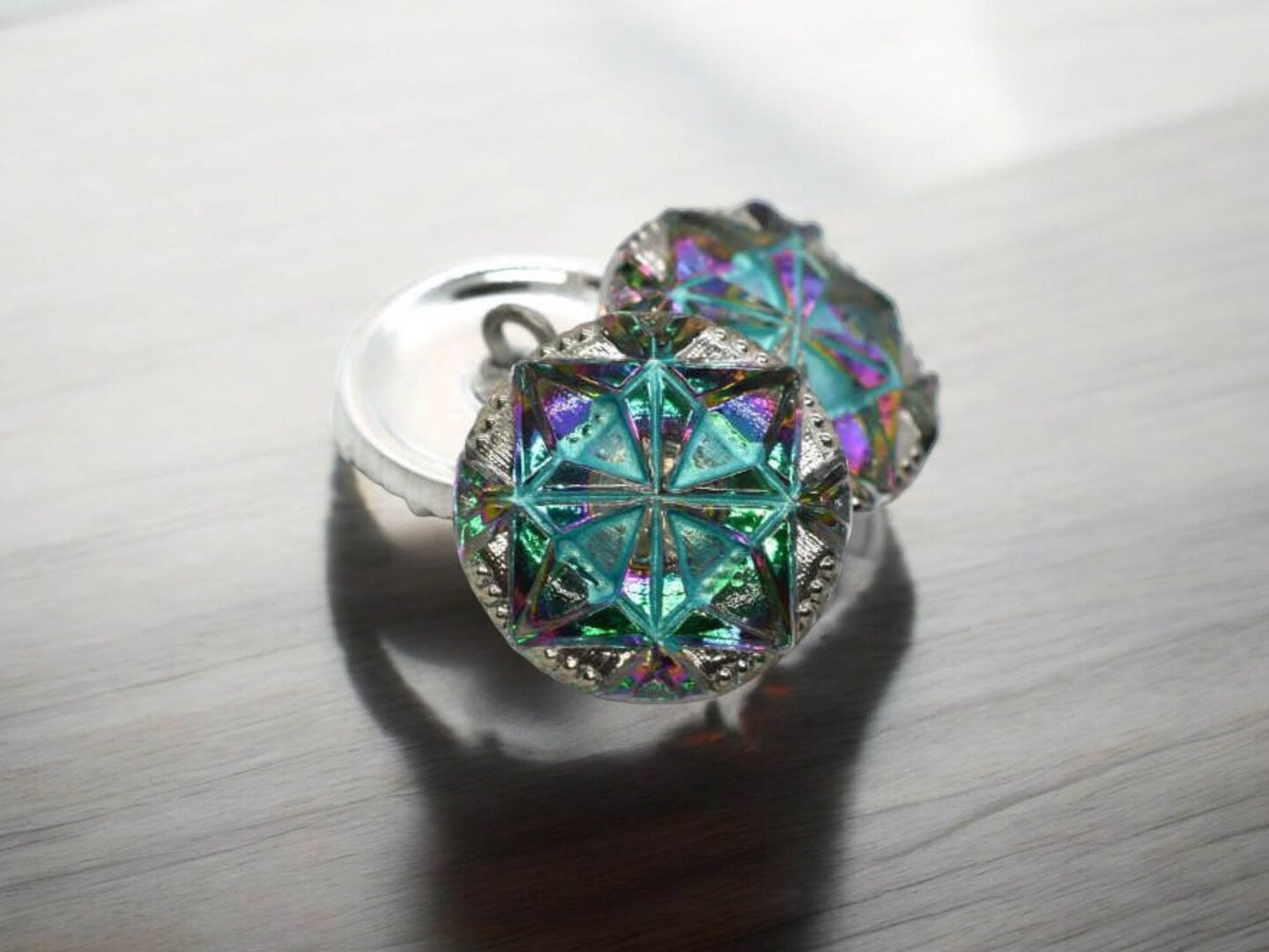 18mm Gem Button Vitrail Green with Sea Green and Silver Accents - Czech Glass Buttons