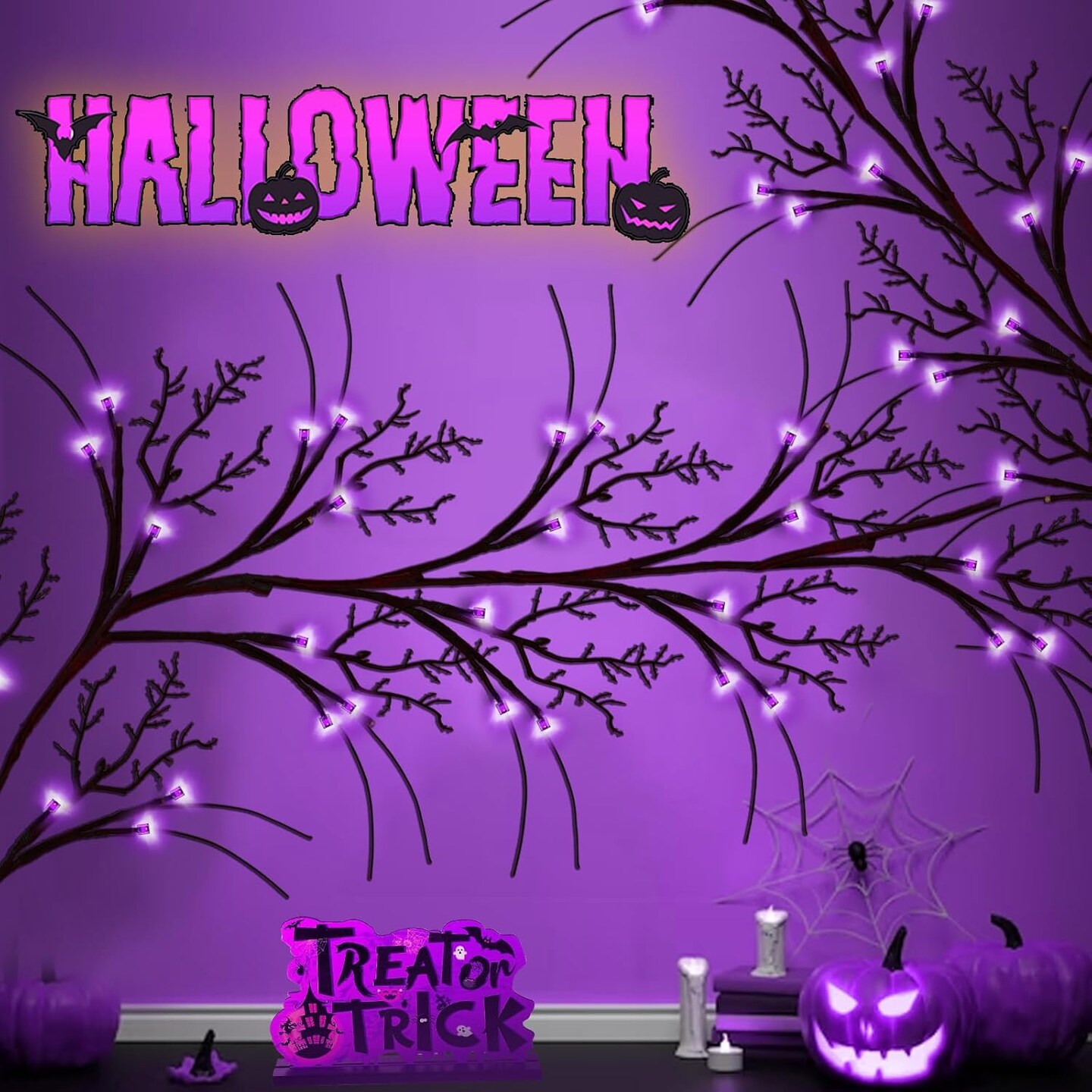 8 Modes &#x26; Timer] 6Ft 54 LED Halloween Willow Vine Twig Halloween Garland with Lights Purple Halloween Lights Waterproof Battery Operated for Mantle Wall Fireplace Indoor Halloween Decorations