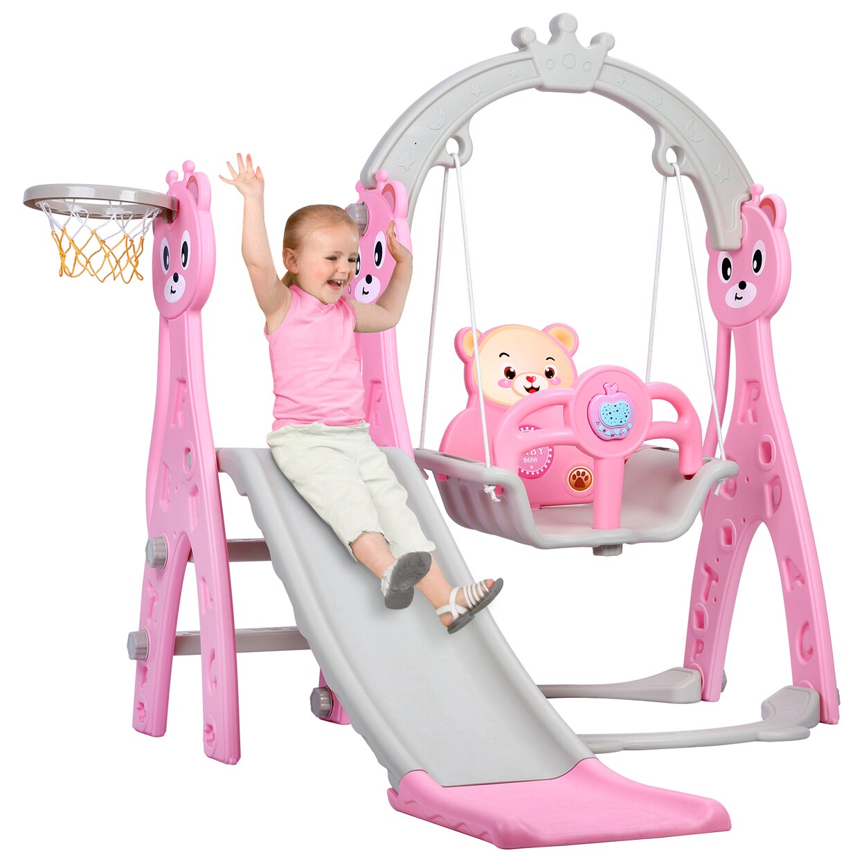 Kids Slide Swing Set Bear Themed Baby Mini Playground Freestanding Baby Playground With Non-Slip Ladder Slide Swing
