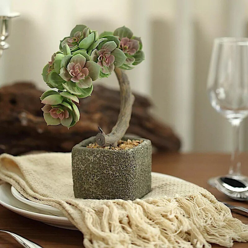 8-Inch tall Brown Concrete Planter Pot Green Artificial Mini Succulents Tree