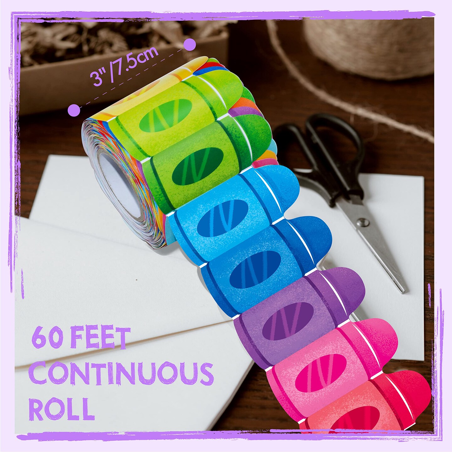 60 Feet Bulletin Board Borders, Colorful Crayon Die-Cut Rolled Border Trim Decoration Borders for School, Classroom &#x26; Offices