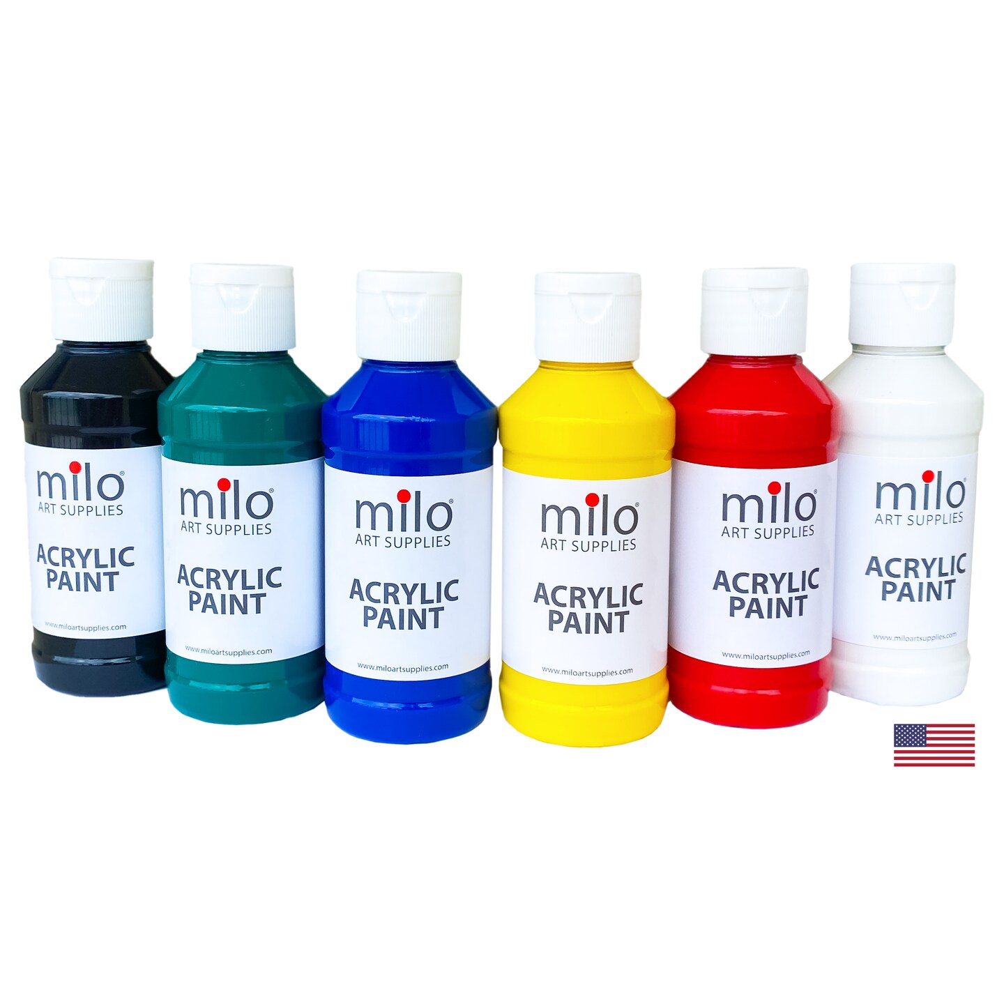 milo Acrylic Paint Set of 6 Colors | 4 oz Bottles | Student Primary Colors Acrylics Painting Pack | Made in the USA | Non-Toxic Art &#x26; Craft Paints for Artists, Kids, &#x26; Hobby Painters