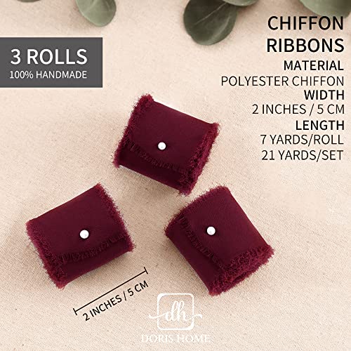 3 Rolls 2&#x22;x7Yd Fringe Chiffon Ribbon for Flower Bouquet, Handmade Burgundy Ribbon for Gift Wrapping, Frayed Edge Ribbon for Crafts, Decorating, Bouquet Wrap, Wedding Invitation