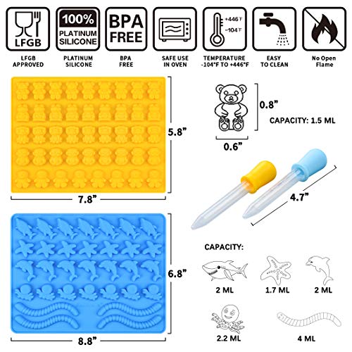 4 Pieces Gummy Bear Mold Candy Molds - Chocolate Molds Including Bears, Frogs, Lions, Monkeys, Penguins, Worms, Starfishs, Dolphins, Octopus, Sharks Sea Mold BPA Free Set of 4 Silicone Molds