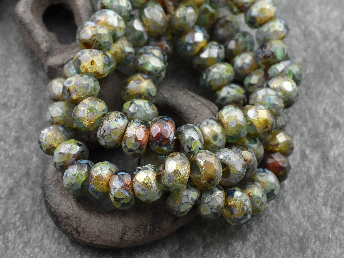 *25* 5x8mm Green Tea Topaz Picasso Roller Rondelle Beads