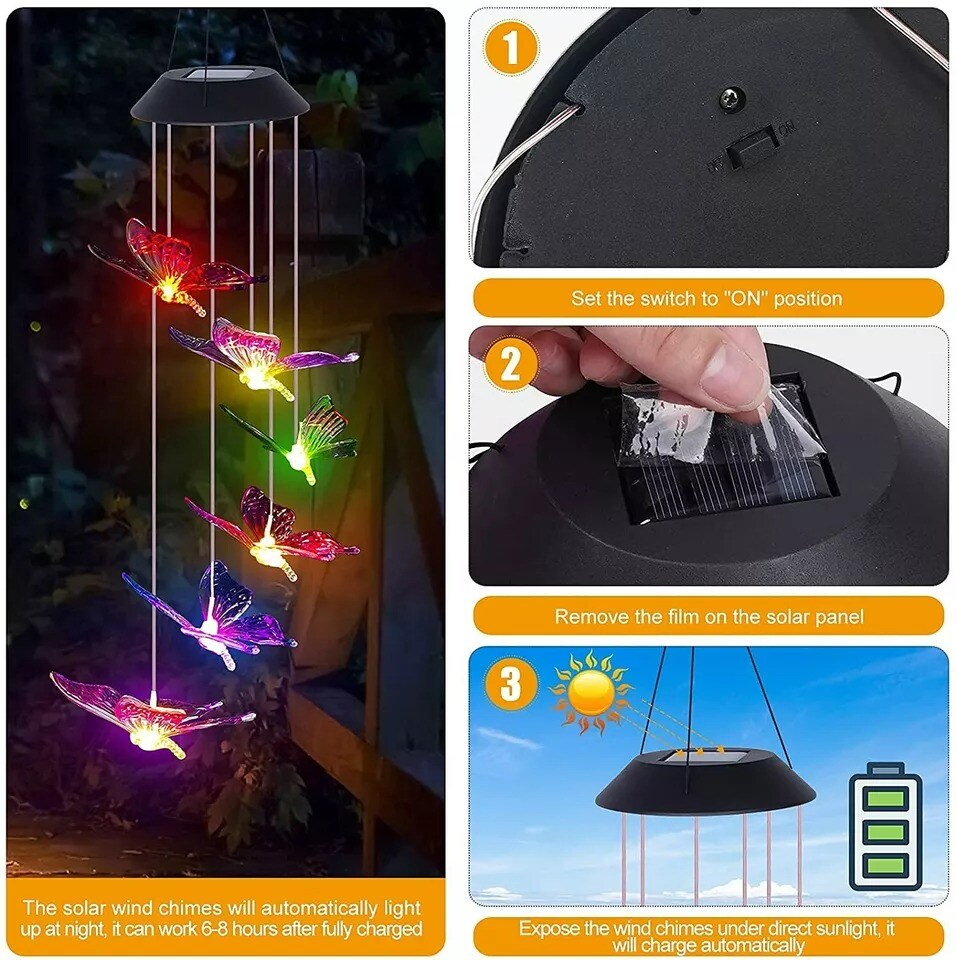Solar Color Changing LED Butterfly Hanging Wind Chimes Home Garden Decor Light