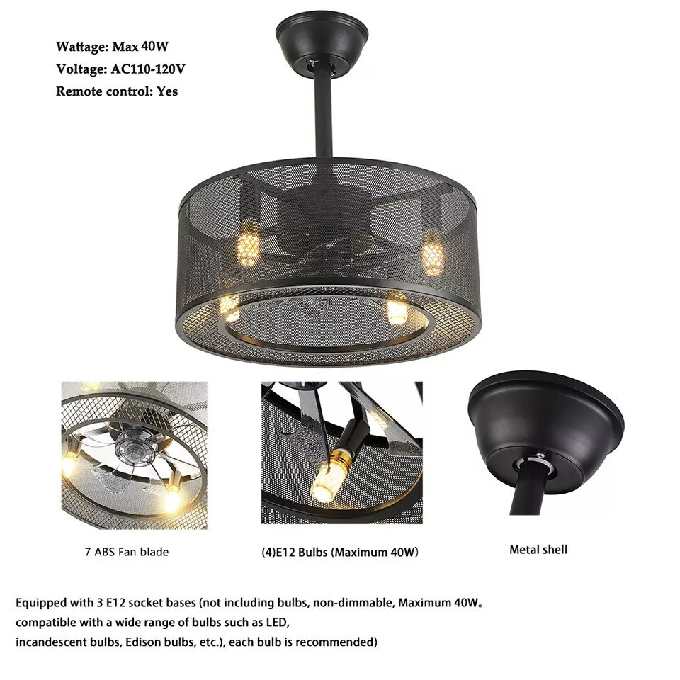 18 Inch Ceiling Fan Light Cage Enclosed Pendant Lamp Industrial Chandelier Black