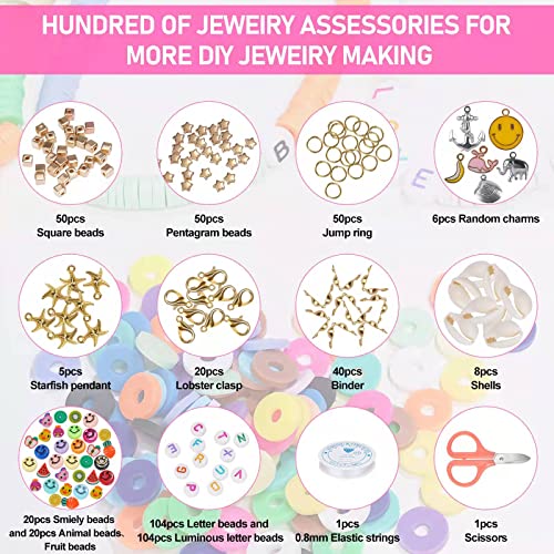 6100 Pieces Polymer Clay Beads for Bracelets Making Aesthetic Kit 24 Colors Flat Heishi Beads for Jewelry Making DIY Set with Letter Beads, Smile Face Beads and Charms for Girls Gift
