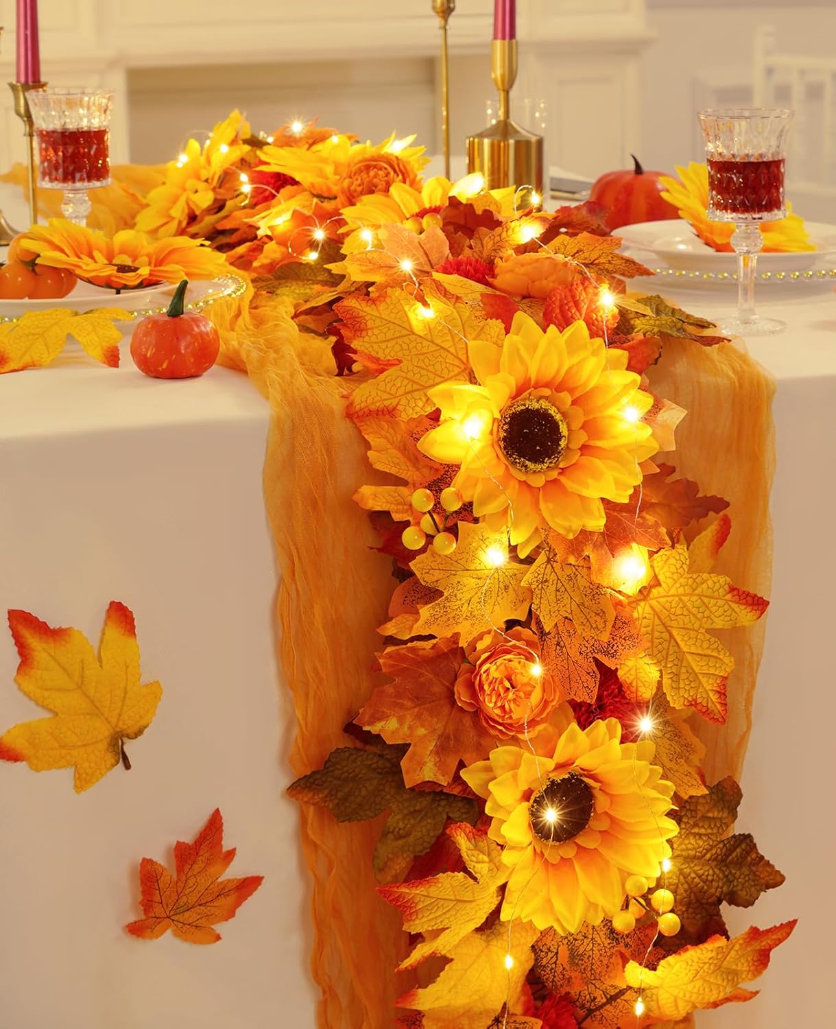 Garland for Mantle, Fall Garland with Lights Sunflower Maple Leaves Peony Marigold for Home Indoor Outdoor Decor