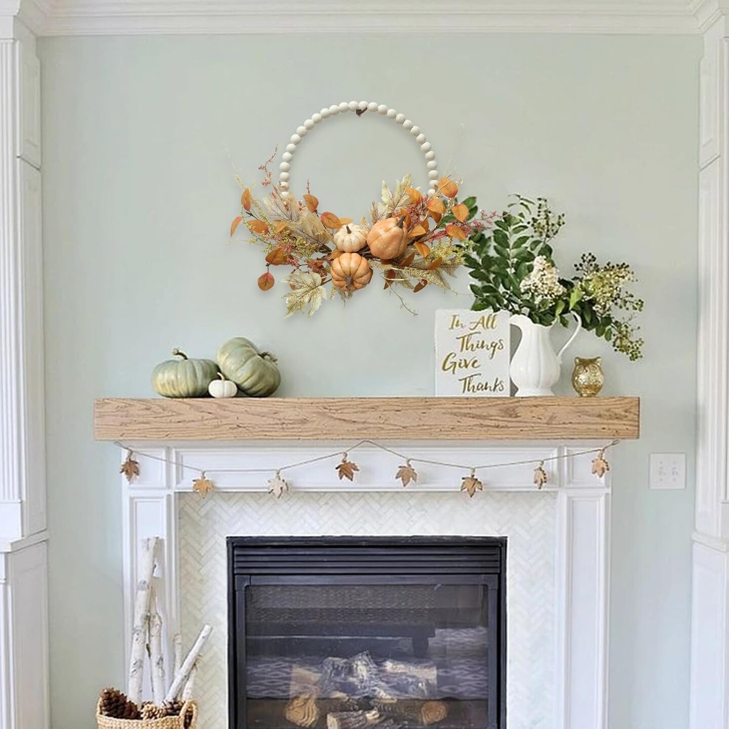 Front Door Wreath, 16&#x22; Pumpkin and Berries Wreath for Farmhouse Wall Thanksgiving, Fall Season Decor