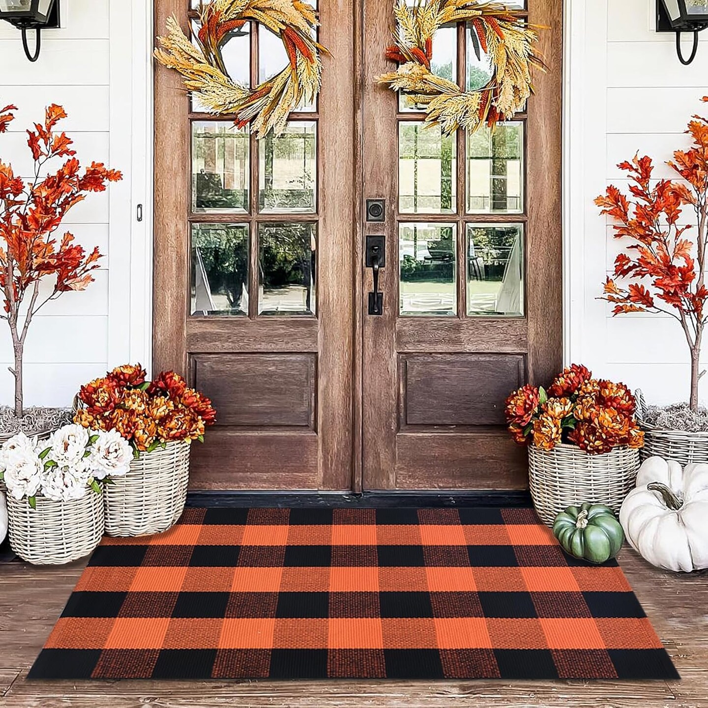 Orange and Black Plaid Rug, 28&#x22; X 43&#x22; Fall Outdoor Front Door Decor Mat, Cotton Washable Hand-Woven Rug for Layered Doormat, Autumn Halloween Thanksgiving Carpet for Porch, Entryway