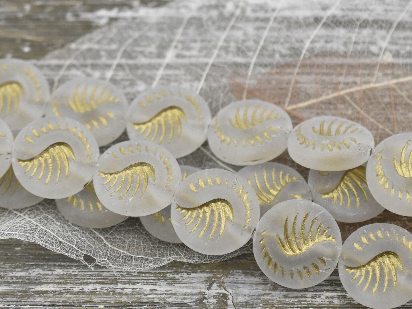 *6* 19mm Gold Washed Matted Crystal Fossil Coin Beads