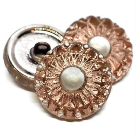 18mm Collarette Flower Button Peach with Grey Accents - Czech Glass Buttons