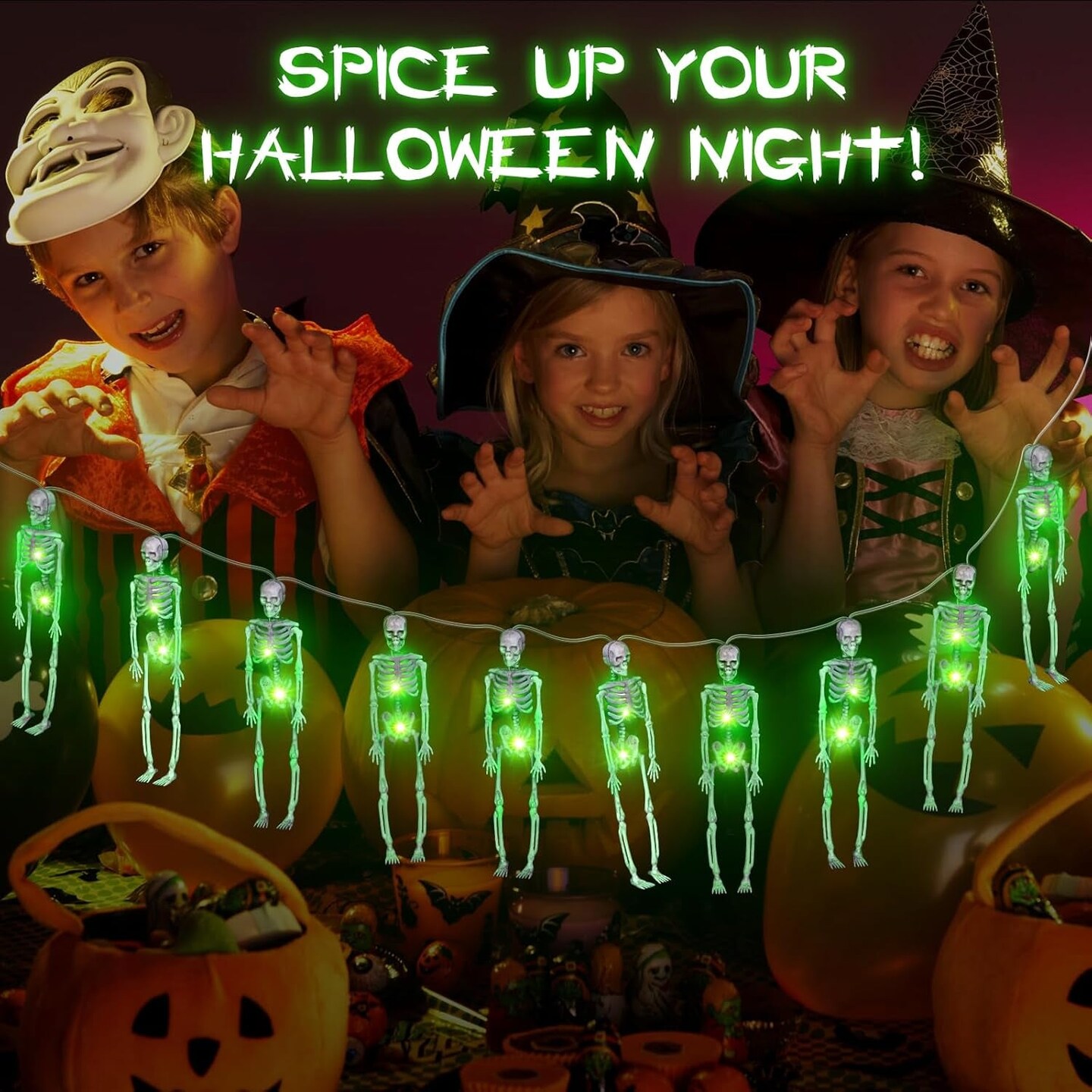 Halloween String Lights Decoration, 6.6 FT 20 Leds Battery Operated Skeleton Skull 3D String Light with 8 Lighting Modes for Home Indoor Outdoor Halloween Decoration, Halloween Decor