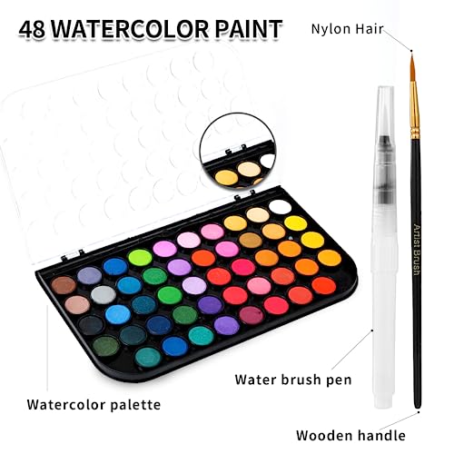 Watercolor Paint Set, 48 Colors Non-toxic Watercolor Paint with a Brush Refillable a Water Brush Pen and Palette, Washable Water Color Paints Sets for Kids Adults