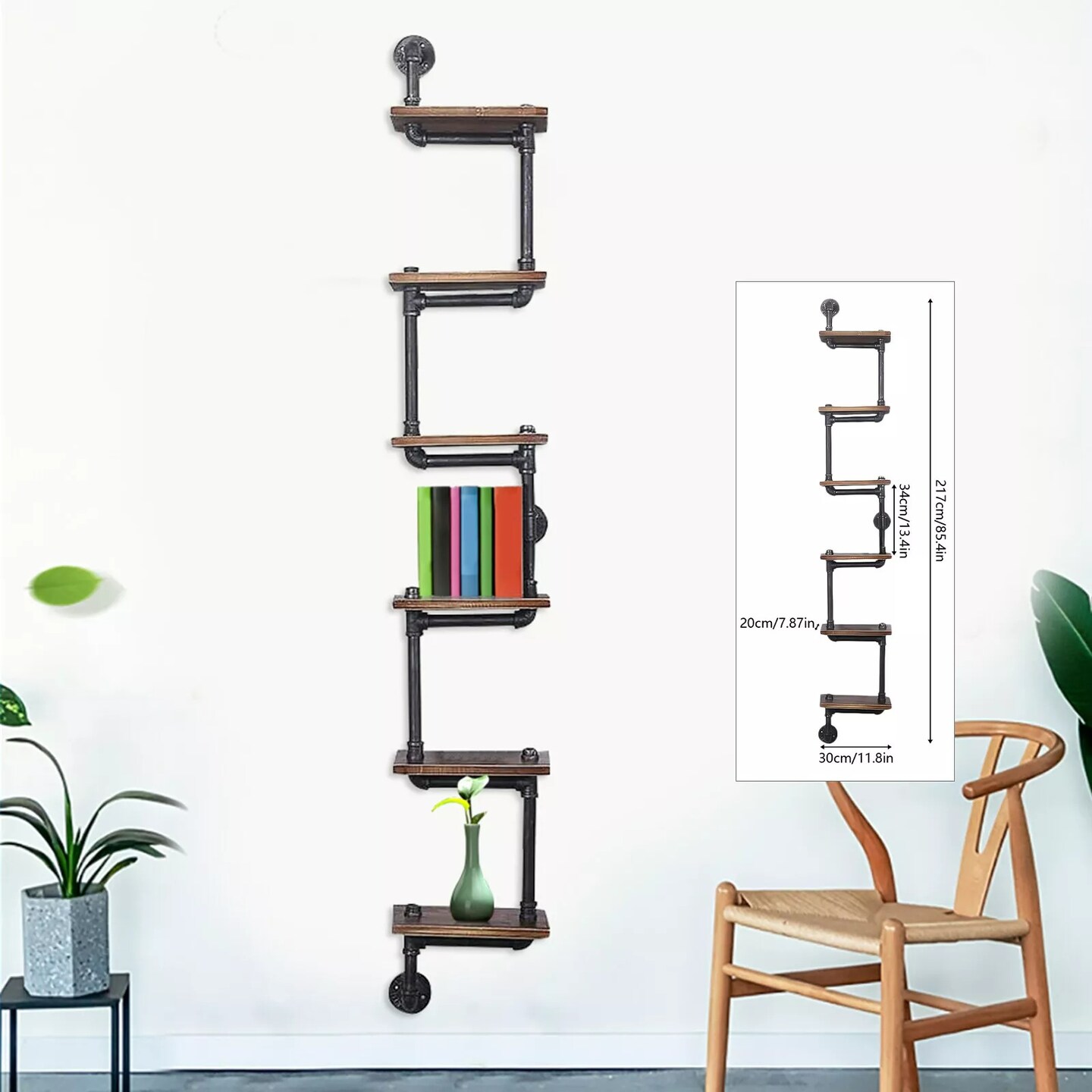 Pipe Shelf Industrial Bracket Rustic Iron Pipe Wall Mount Floating Rack 6 Tiers
