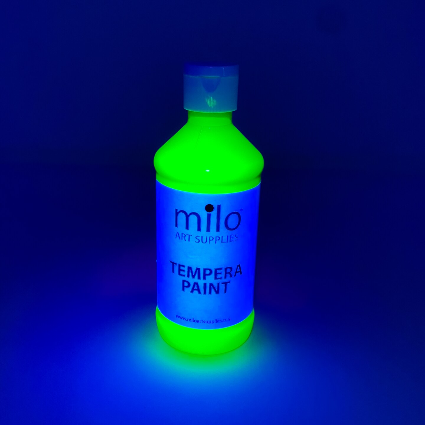 milo Fluorescent Tempera Paint Set of 8 Colors | 8 oz Bottles | Made in the USA | Washable and Non-Toxic Neon Art &#x26; Craft Poster Primary Paints for Artists, Kids, &#x26; Hobby Painters, Glows UV in Black Light