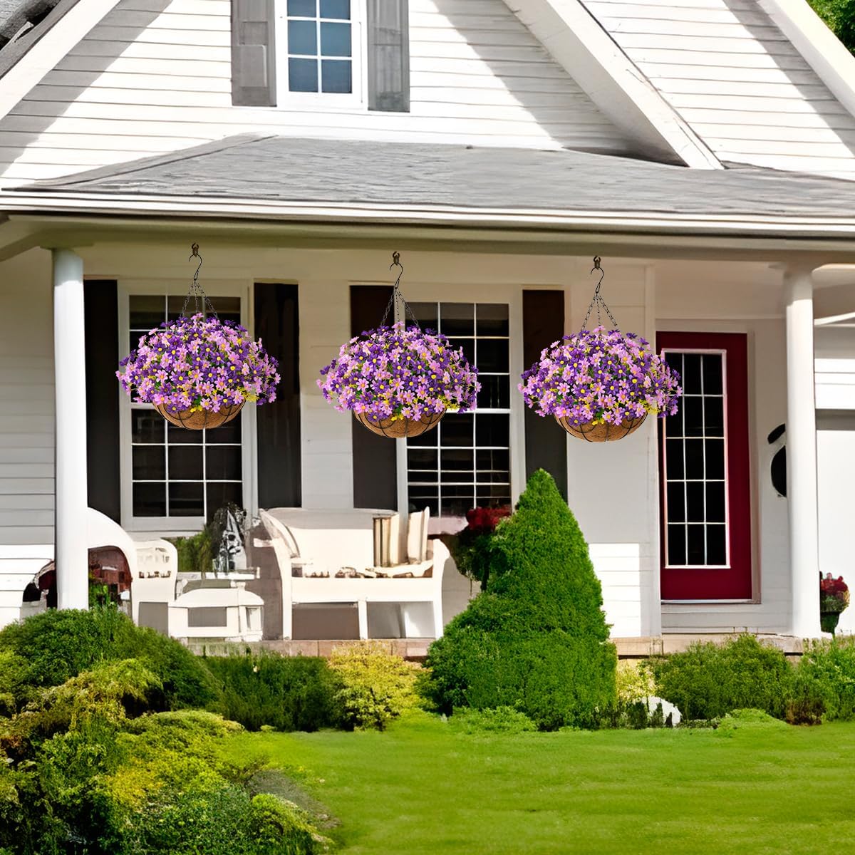 Purple Artificial Hanging Daisy Flowers in Coconut Basket