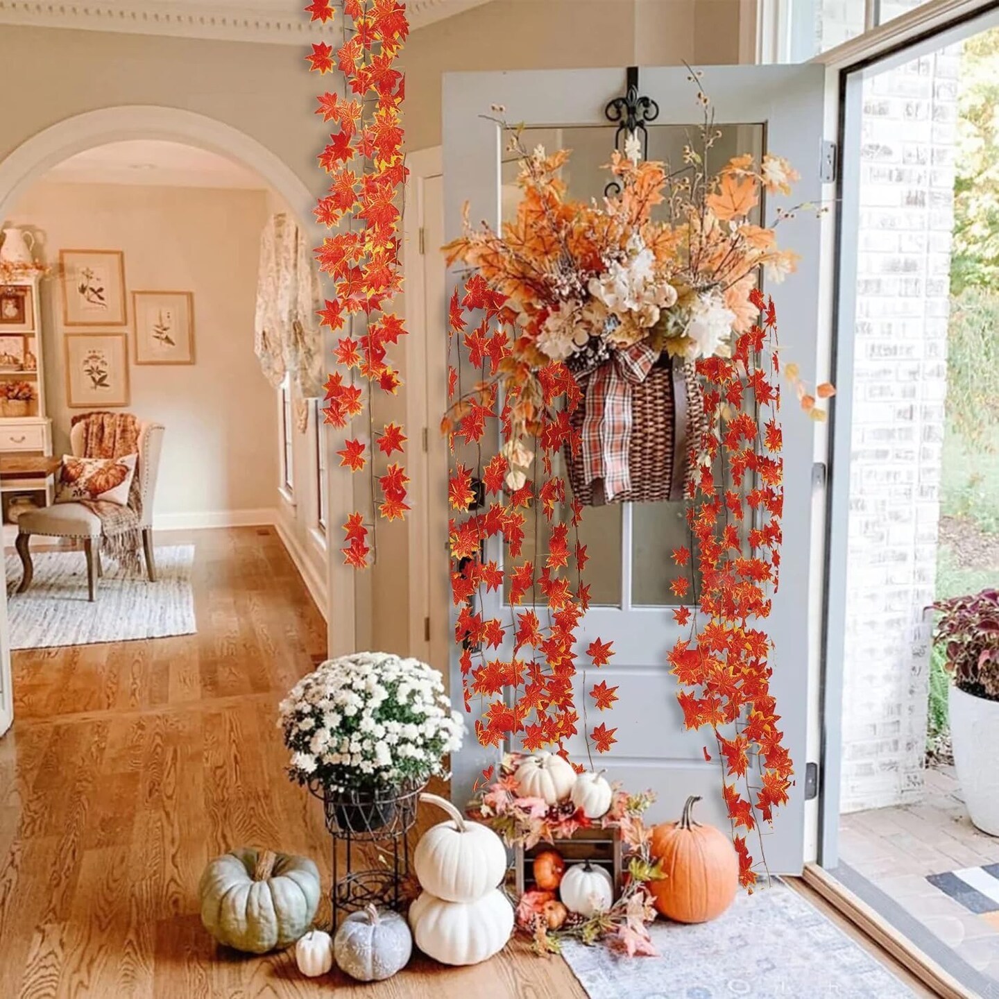 12 Pack 92Ft Fall Leaf Garland Artificial Maple Leaves Garland Silk Autumn Hanging Vines Red Ivy Garland for Thanksgiving Home Wedding Party Garden Fireplace Porch Decor
