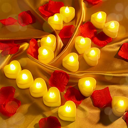 6000 Pieces Artificial Rose Petal with 72 Pieces Romantic Heart Led Candle Flameless Love Led Tealight Candle for Valentine&#x27;s Day Romantic Night Anniversary Table Decor (Warm White Light)