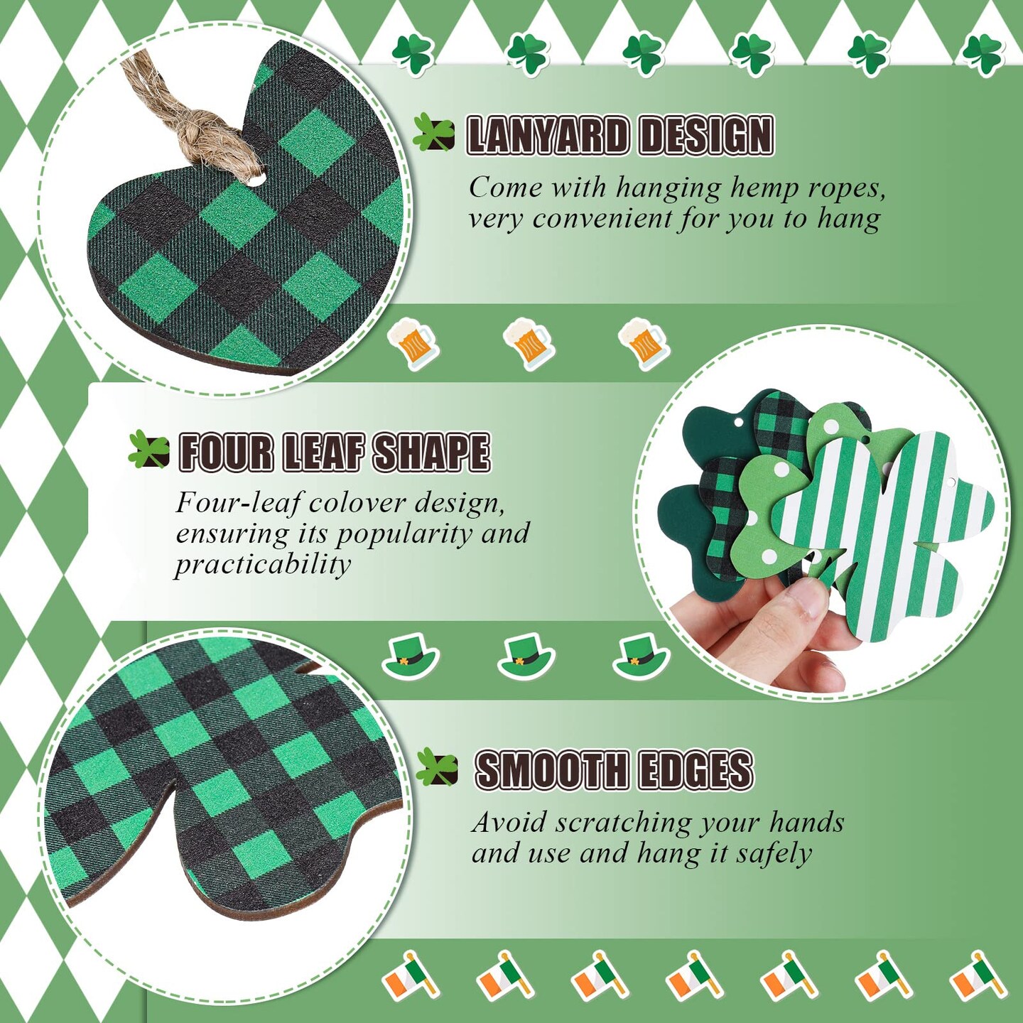 24 Pieces St Patricks Day Decorations Shamrocks Wooden Ornaments Wooden Shamrocks Clover Ornament Shamrock Wooden Cutouts Hanging Ornament with Rope for St Patrick&#x27;s Day Tree Table Decor (Simple Style)
