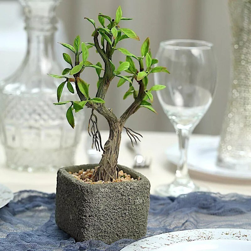 9-Inch tall Brown Concrete Planter Pot Green Artificial Mini Willow Tree
