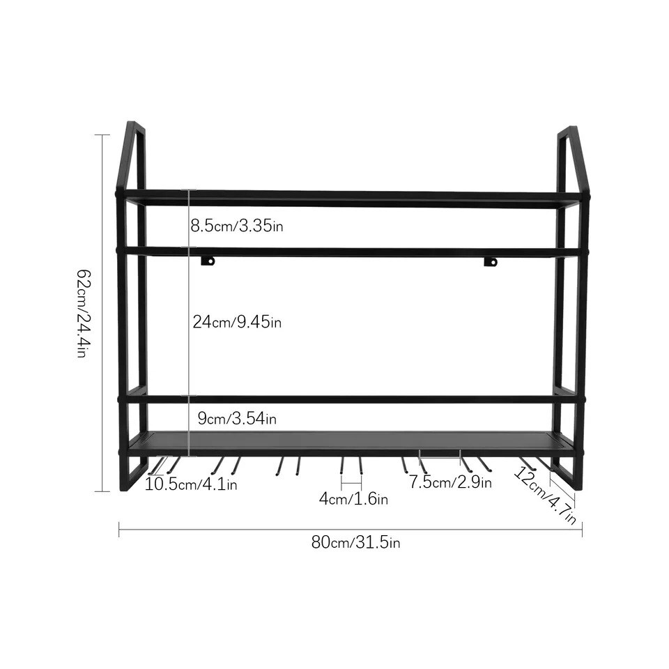 Black 2-Tier Bar Wall-Mounted Shelf Metal Wine Rack for 20 Bottles &#x26; 7 Goblets