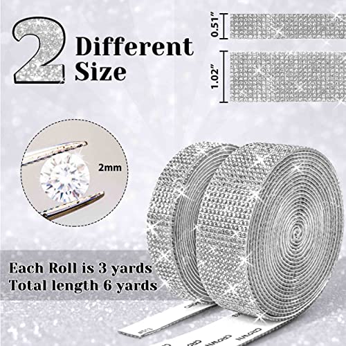 2 Rolls 6 Yards Rhinestone Ribbon Adhesive Rhinestones for Crafts Crystal Bling Rhinestone Diamond Ribbon Strips Roll for Decoration Crafts DIY Wrapping  (Silver)