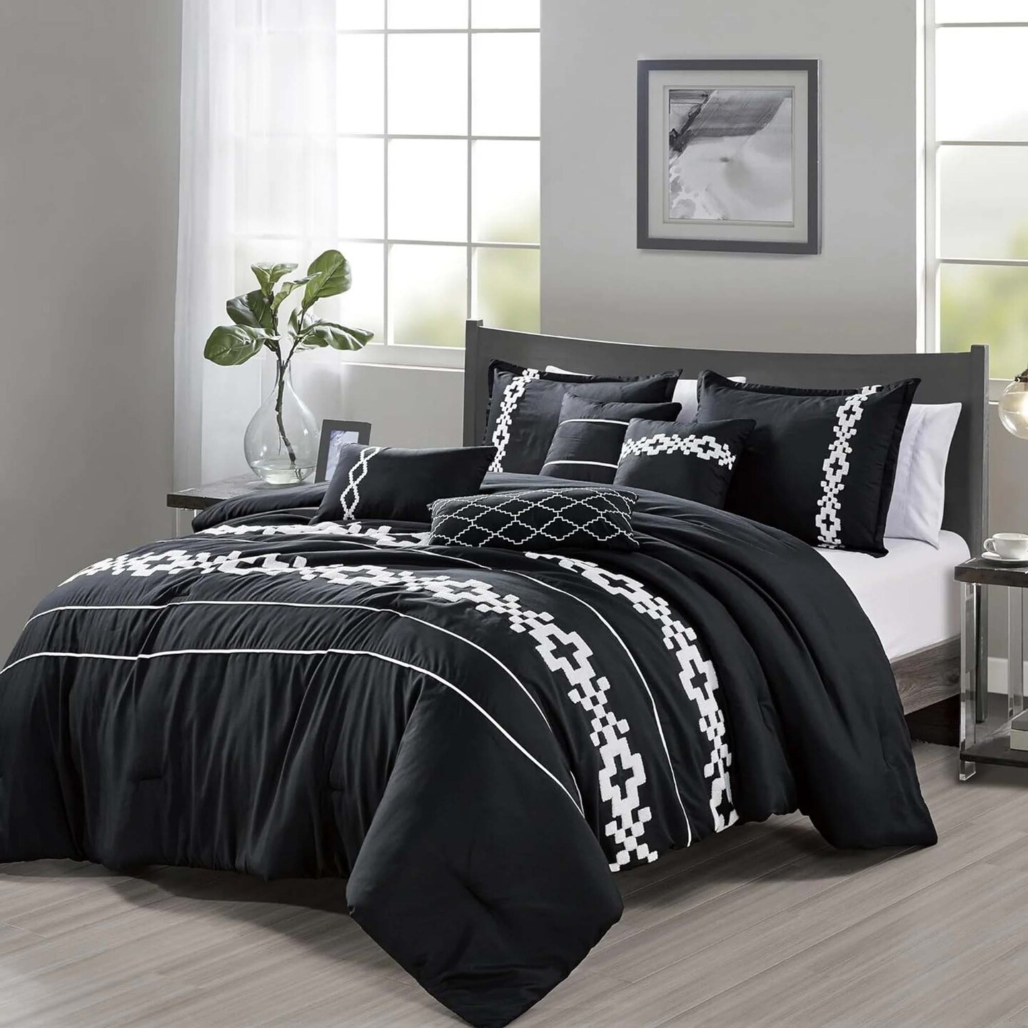 Geometric Embroidery 7 Pieces Black &#x26; White Comforter Set